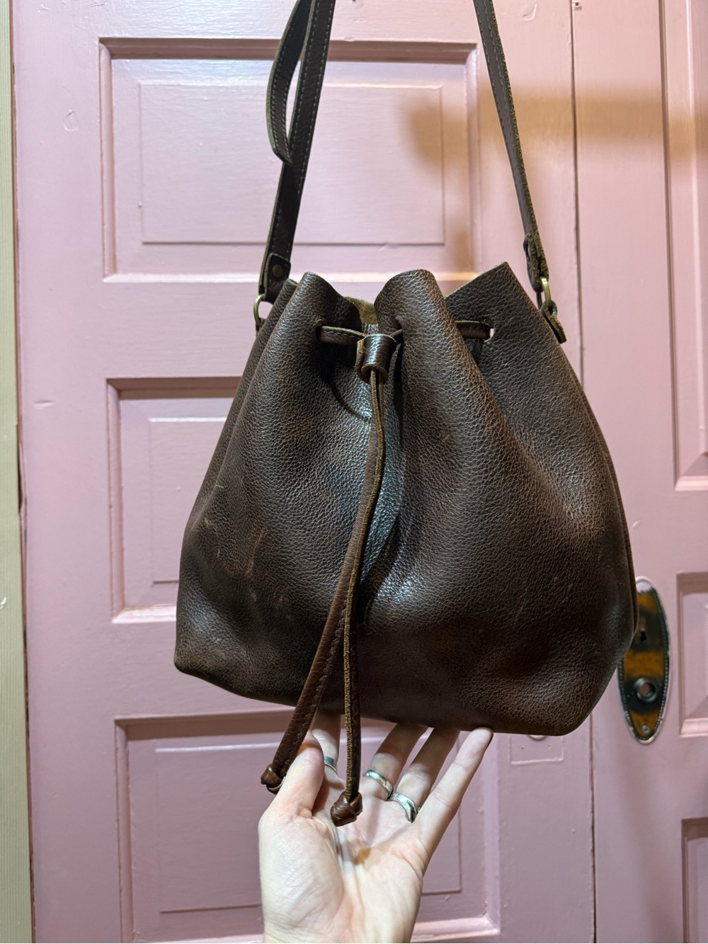 Portland Leather dark brown pebbled leather bucket bag